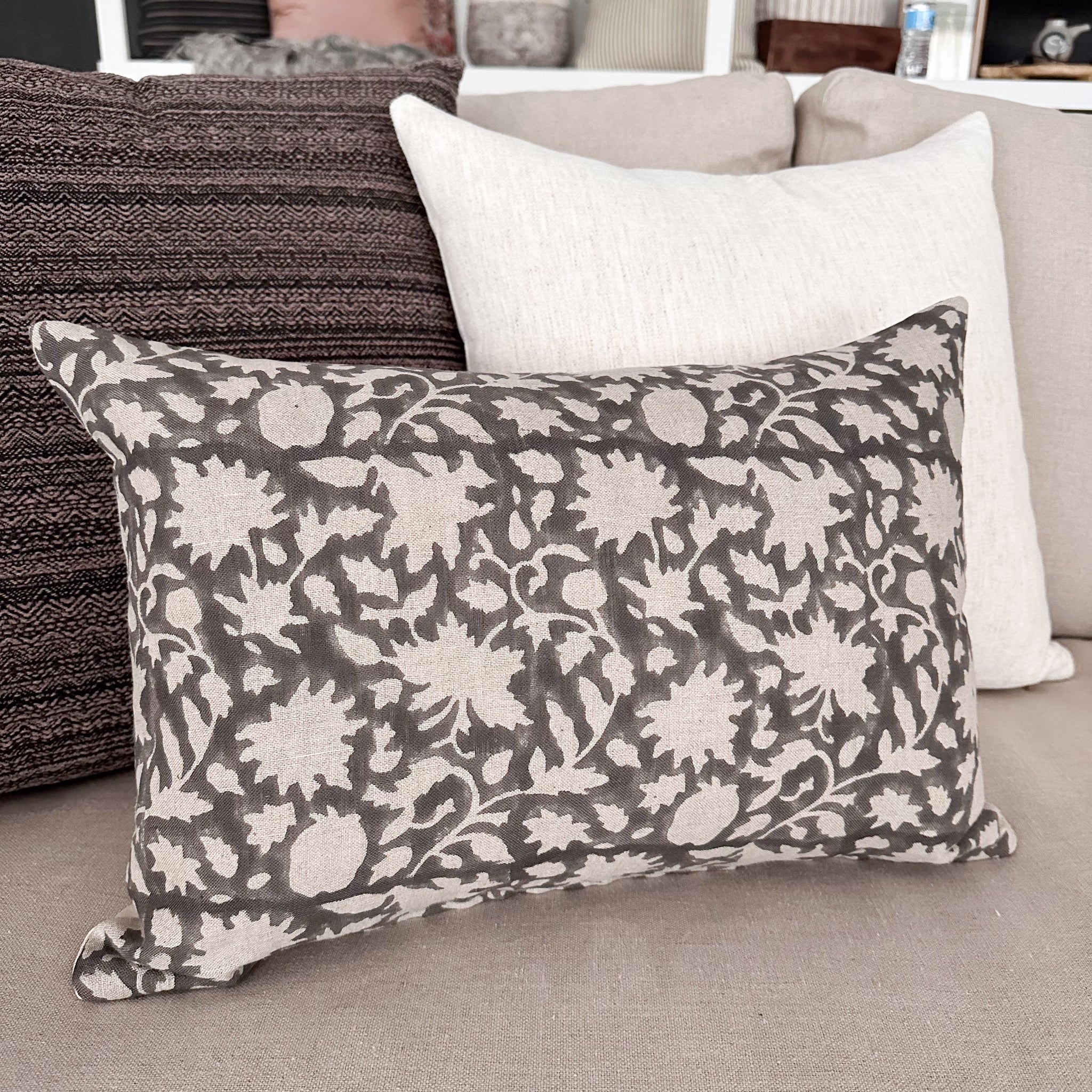 Dove Gray Floral Block Print Pillow Cover