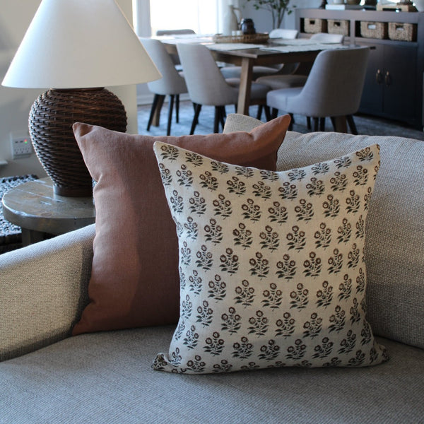 Taupe Brown Floral Block Print Pillow Cover
