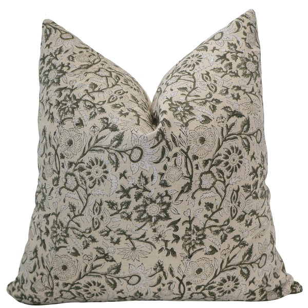 Yule Green Floral Block Print Pillow Cover
