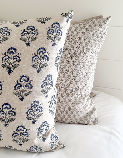 May Blue Block Print Floral Pillow Cover