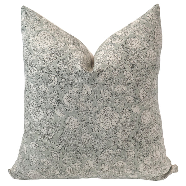 French Blue Floral Block Print Pillow Cover