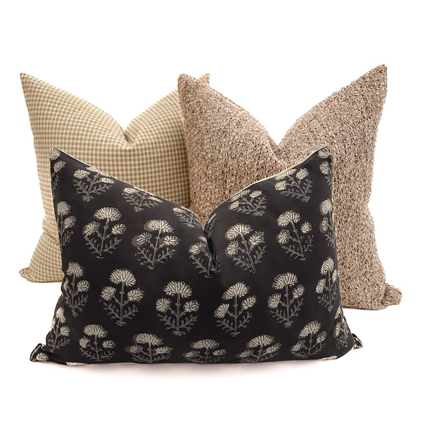 Black Taupe Floral | Block Print Pillow Cover