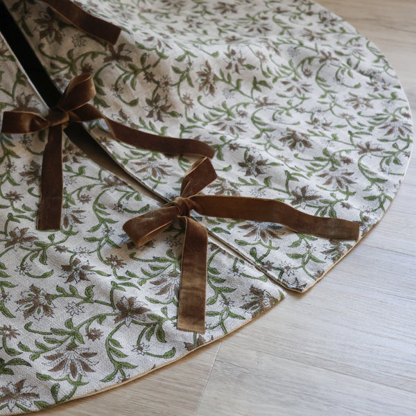 Linen Amaryllis Block Print Christmas Tree Skirt