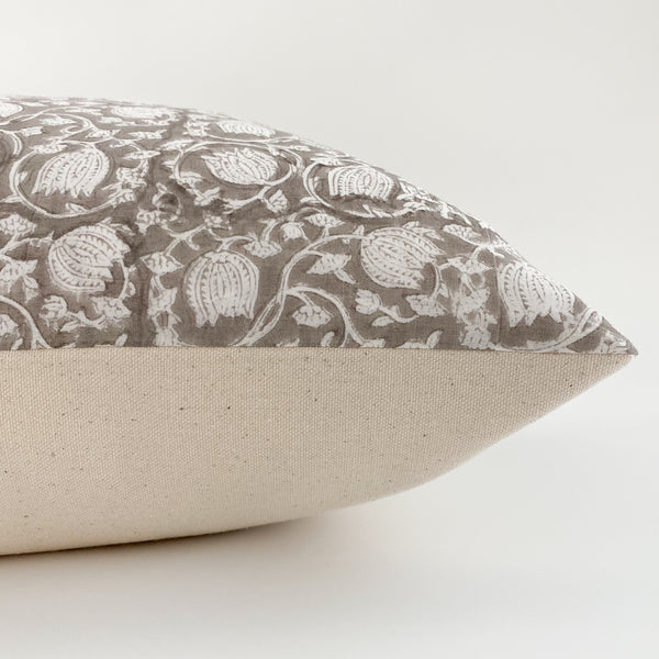 Grey Floral Block Print Pillow (Original Greige)