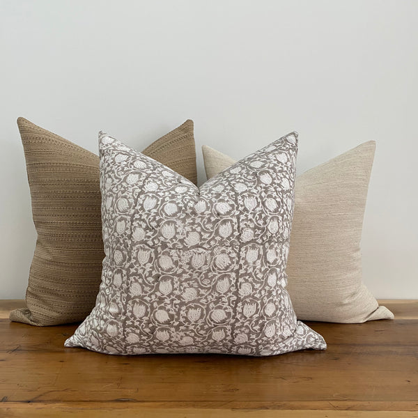 Grey Floral Block Print Pillow (Original Greige)