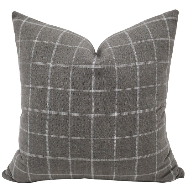 Pewter windowpane throw pillow cover, full front view showing warm grey check pattern
