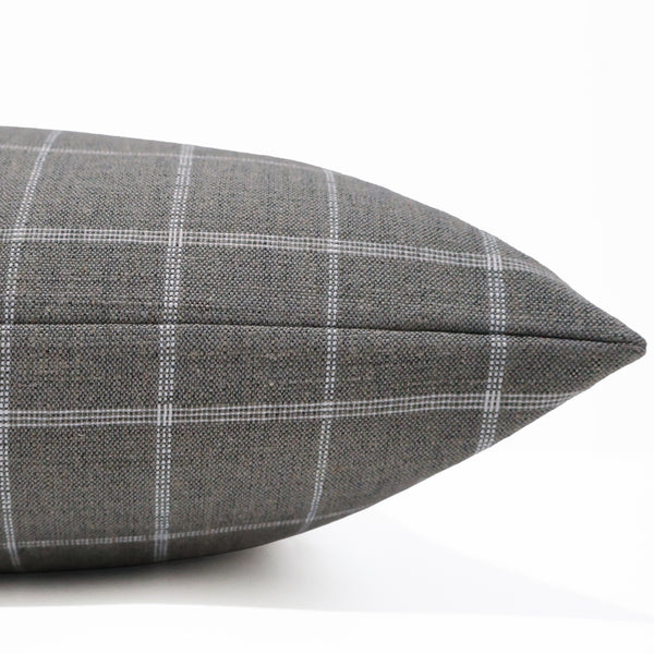 Pewter windowpane pillow cover with ice-white grid pattern on linen-look weave, front corner detail