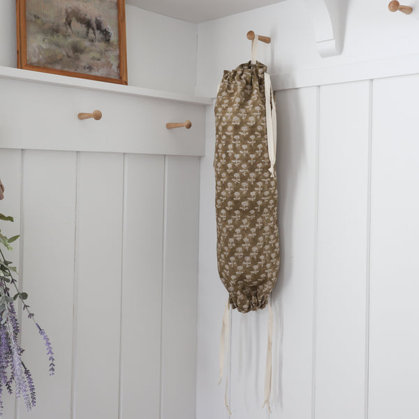Cloth Grocery Bag Holder 'Heirloom Floral Brown Linen Block Print'