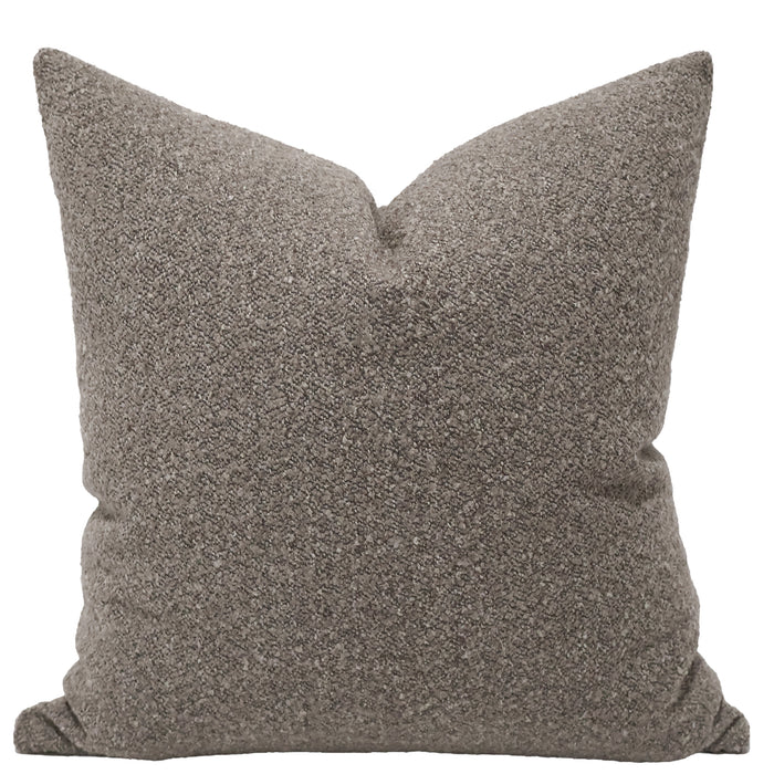 Woodland Bouclé Pillow Cover in warm mushroom-brown, textured bouclé-inspired weave, handmade by Hackner Home for organic modern and quiet luxury interiors.