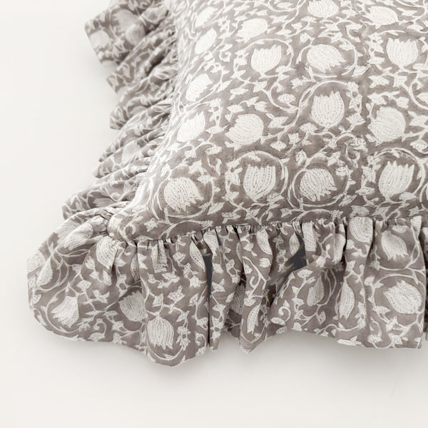 Greige Floral Ruffle Pillow Cover