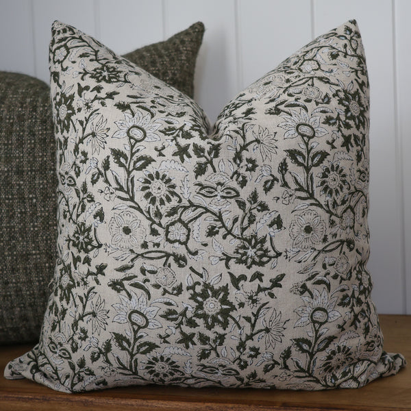 Yule Green Floral Block Print Pillow Cover