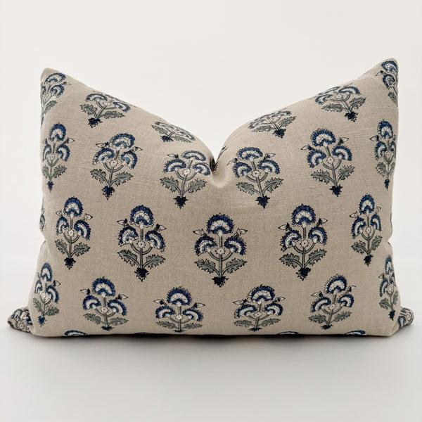 May Blue Block Print Floral Pillow Cover