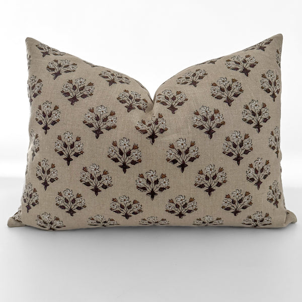 Three Flowers | Brown Block Print Pillow Cover