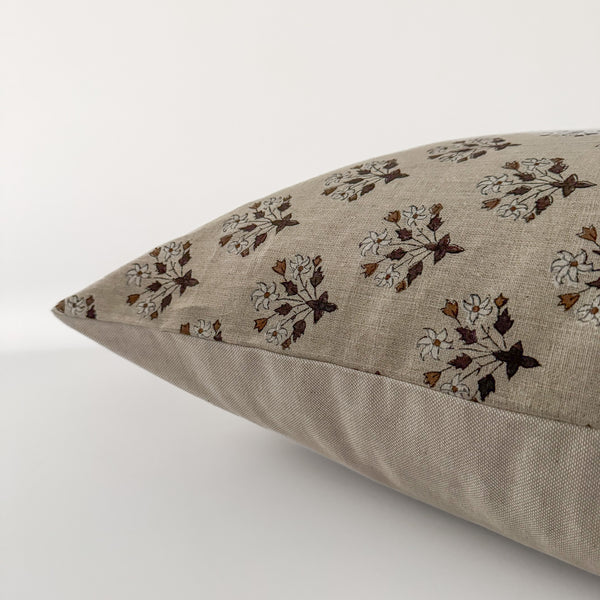 Three Flowers | Brown Block Print Pillow Cover