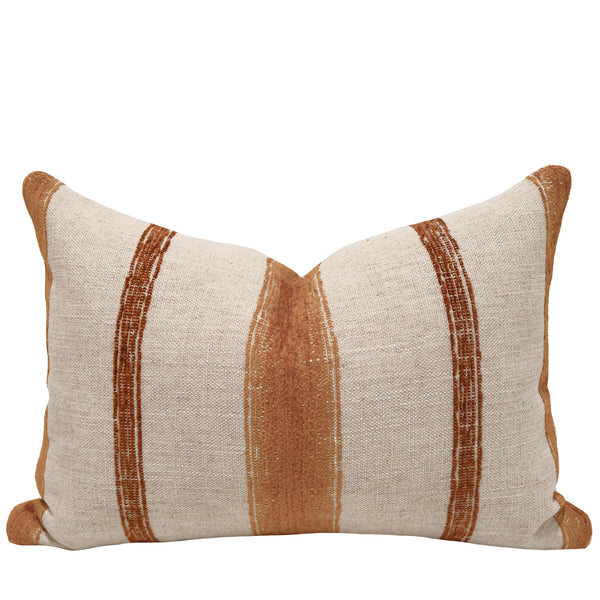 Terracotta Grain Sack Pillow Cover - lumbar size, painted stripe upholstery fabric on natural linen blend, indoor decorative pillow