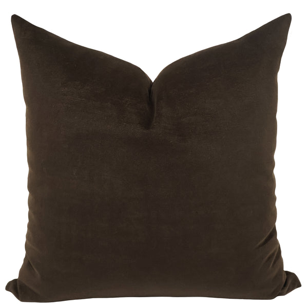 Mahogany velveteen throw pillow cover, full front view showing deep rich brown tone