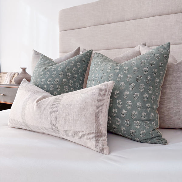 Linen Blue Floral Block Print Pillow Cover