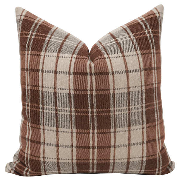 Hickory plaid throw pillow cover, full front view showing warm brown and cream plaid with dark pinstripes