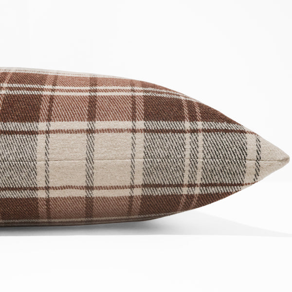 Hickory plaid pillow cover with chocolate brown, rust, and cream woven plaid, front corner detail