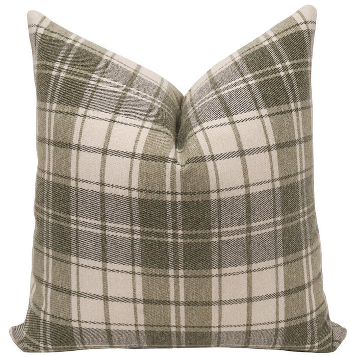 Fern plaid throw pillow cover, full front view showing muted green and cream plaid with dark olive pinstripes