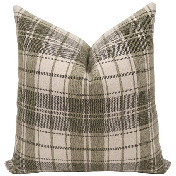 Fern plaid throw pillow cover, full front view showing muted green and cream plaid with dark olive pinstripes