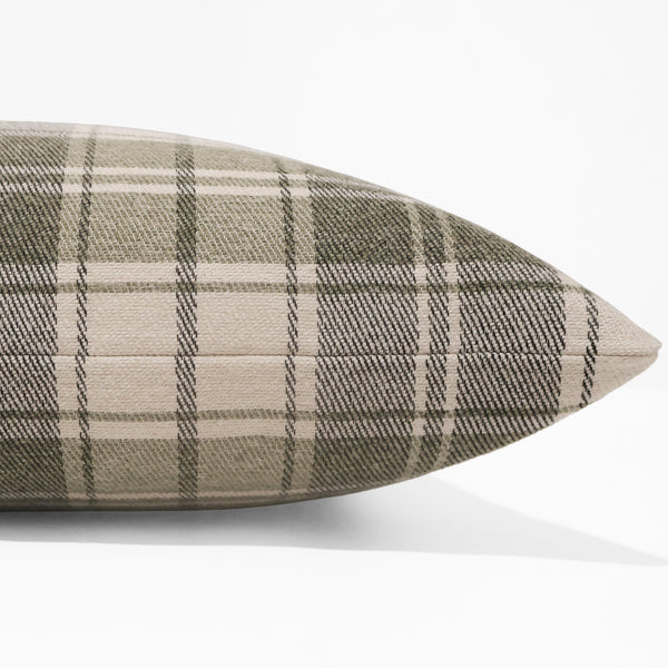 Fern plaid pillow cover with sage green and cream woven plaid, front corner detail