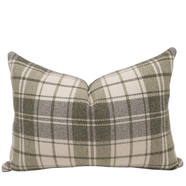 Close-up of fern plaid fabric showing woven twill texture and layered green stripes