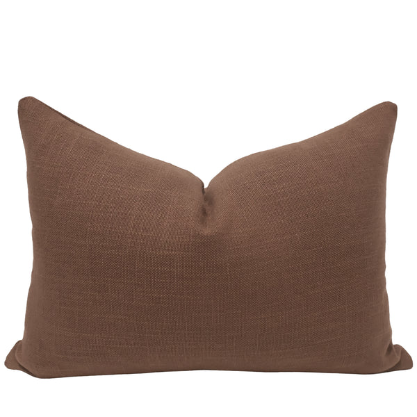 Sienna lumbar pillow cover in warm brown linen-look weave with a handmade zipper closure