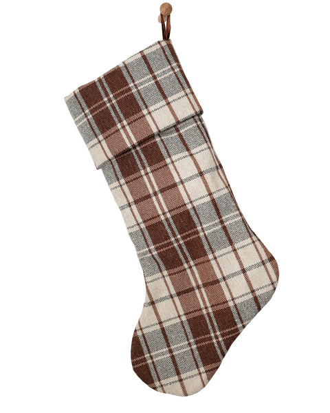 Substantial woven red-brown and warm white plaid fabric on handmade Heritage Christmas stocking