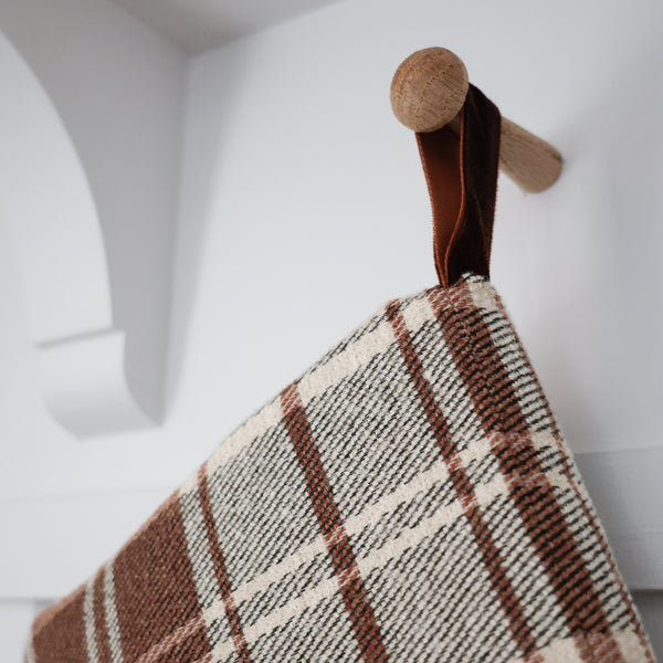 Traditional folded cuff on red-brown plaid handmade Christmas stocking