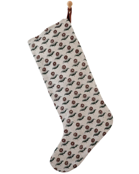Large Design linen block print Christmas stocking with a long leg, burgundy and olive floral pattern and a rust velvet hanging loop, shown on a white background