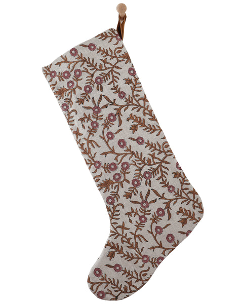Large Design linen block print Christmas stocking in a vine and floral pattern with a caramel velvet hook loop, shown on a white background