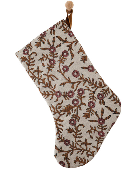 Autumn Vine Linen Block Print Stocking | Boho Design