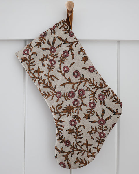 Autumn Vine Linen Block Print Stocking | Boho Design