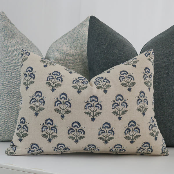 May Blue Block Print Floral Pillow Cover