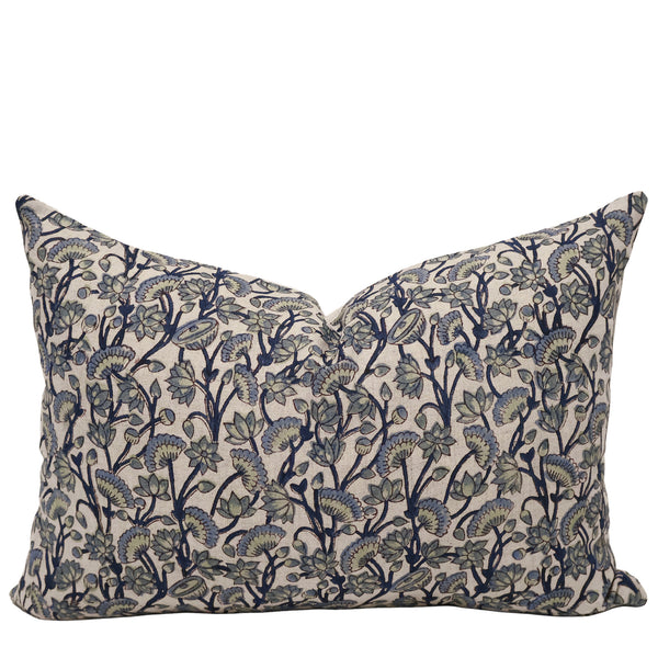 Indigo Meadow Linen Lumbar Pillow Cover featuring a hand block printed blue and sage botanical floral pattern on natural 100% linen fabric for cottage, coastal, and luxury interiors.
