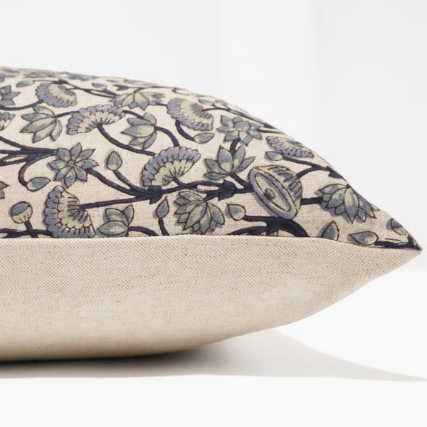 Indigo Meadow Linen Pillow Cover featuring a hand block printed blue and sage botanical floral pattern on natural 100% linen fabric for cottage, coastal, and luxury interiors. Side view of Cushion Cover