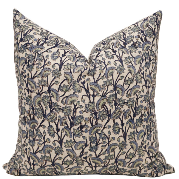 Indigo Meadow Linen Pillow Cover featuring a hand block printed blue and sage botanical floral pattern on natural 100% linen fabric for cottage, coastal, and luxury interiors.
