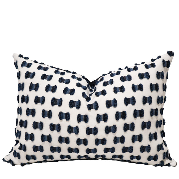 Ivory Interlace Lumbar Pillow Cover in ivory upholstery fabric with raised navy woven accents, handmade by Hackner Home for coastal and transitional interiors.
