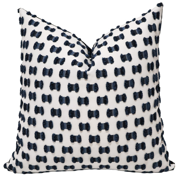Ivory Interlace Pillow Cover in ivory upholstery fabric with raised navy woven accents, handmade by Hackner Home for coastal and transitional interiors.