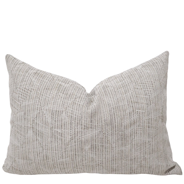 Ivory Mosaic Indoor/Outdoor Lumbar Pillow Cover featuring a woven ivory, stone, and greige mosaic-inspired pattern on performance fabric for coastal, luxury, and modern organic interiors. 