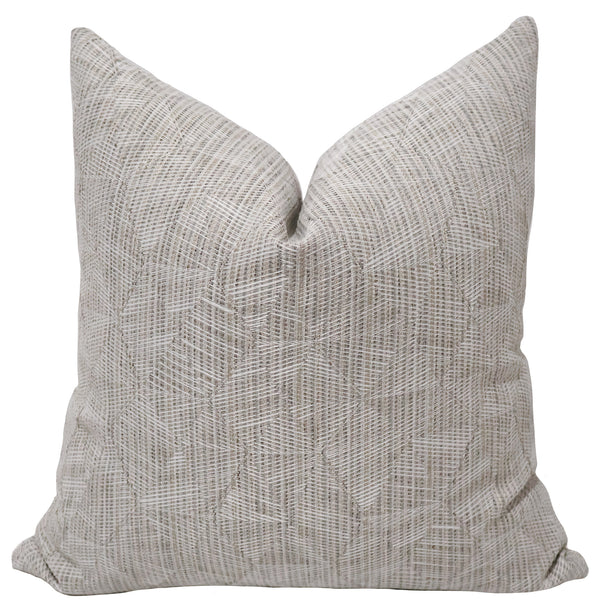 Ivory Mosaic Indoor/Outdoor Pillow Cover featuring a woven ivory, stone, and greige mosaic-inspired pattern on performance fabric for coastal, luxury, and modern organic interiors.