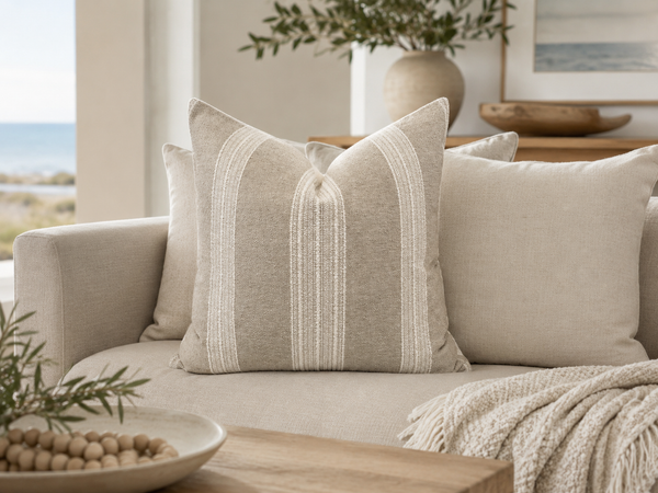 Three square throw pillows in a neutral linen fabric set on a light beige sofa, with a knit throw blanket draped over the arm and a softly blurred living room background.