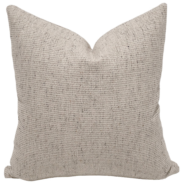 Loom & Linen Pillow Cover in textured oatmeal and ivory woven upholstery fabric with subtle charcoal flecks, handcrafted by Hackner Home for luxury modern organic and transitional interiors.