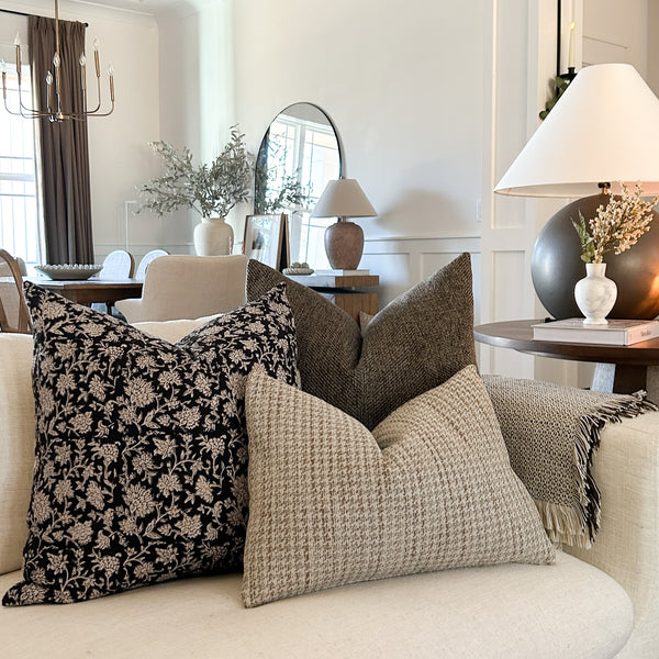 Almond Jumper Pillow Cover styled on a sofa in collaboration with Melissa Coryell of @coryell.home.