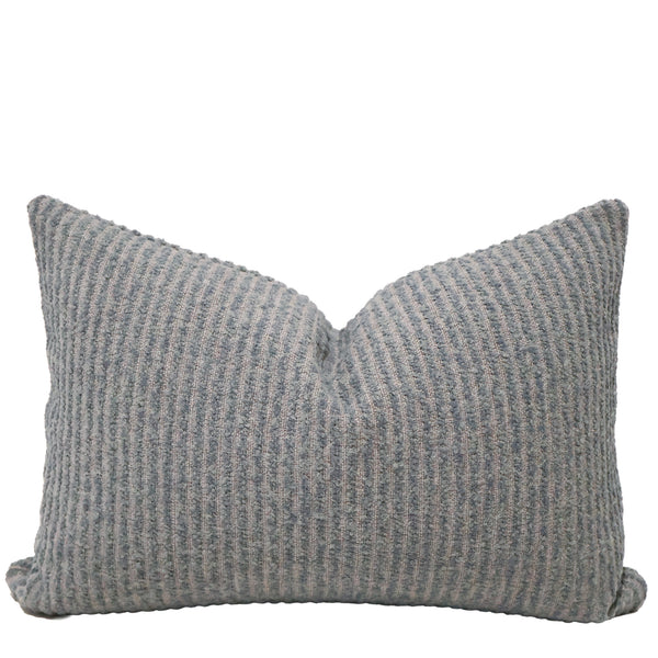 Misty Harbor Bouclé Lumbar Pillow Cover in soft blue-gray textured bouclé fabric with ribbed woven design, luxury decorative throw pillow for coastal and modern interiors.