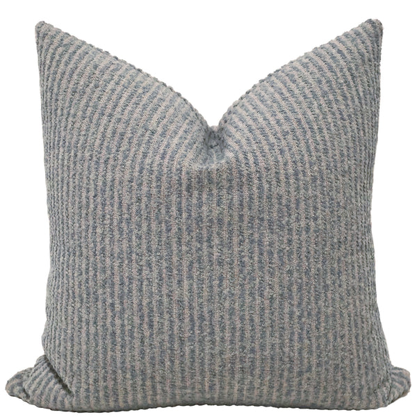 Misty Harbor Bouclé Pillow Cover in soft blue-gray textured bouclé fabric with ribbed woven design, luxury decorative throw pillow for coastal and modern interiors.