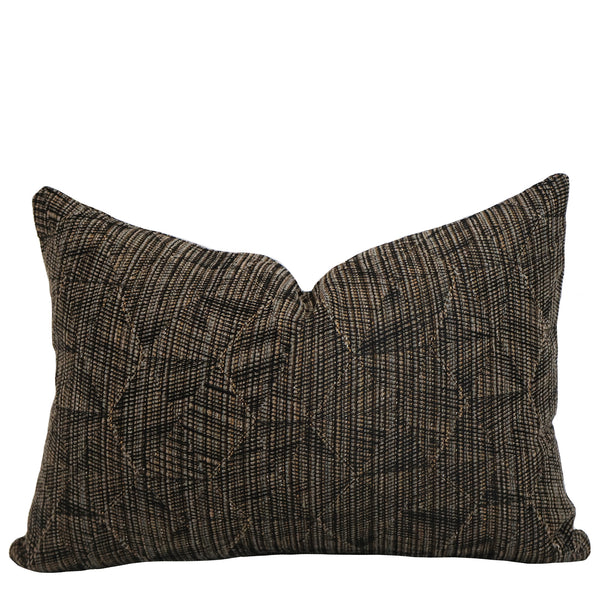 Noir Tapestry Indoor/Outdoor Lumbar Pillow Cover featuring a woven charcoal, black, and taupe tapestry pattern on performance fabric for modern, luxury, and outdoor living spaces.