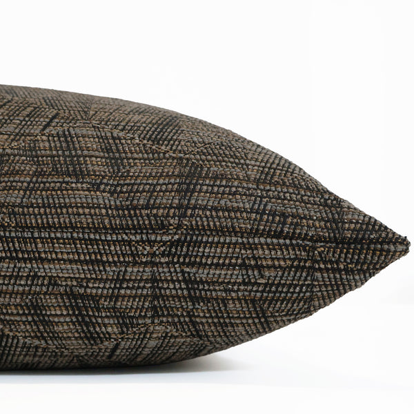 Noir Tapestry Indoor/Outdoor Pillow Cover featuring a woven charcoal, black, and taupe tapestry pattern on performance fabric for modern, luxury, and outdoor living spaces. Side view of Throw Pillow