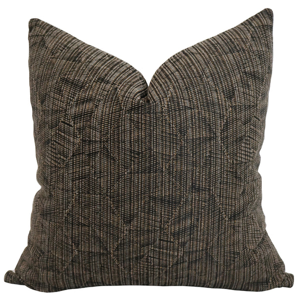 Noir Tapestry Indoor/Outdoor Pillow Cover featuring a woven charcoal, black, and taupe tapestry pattern on performance fabric for modern, luxury, and outdoor living spaces.